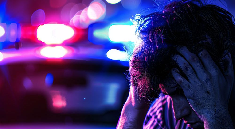 A distressed person clutching their head against a backdrop of blurred police lights, suggesting a stressful or emergency situation.