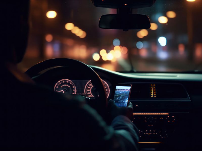A person is driving at night, holding a smartphone, with dashboard lights and blurry streetlights visible through the windshield.