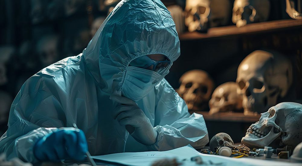 A person in full protective gear examines documents, surrounded by skulls and bones, suggesting a forensic or archaeological context.