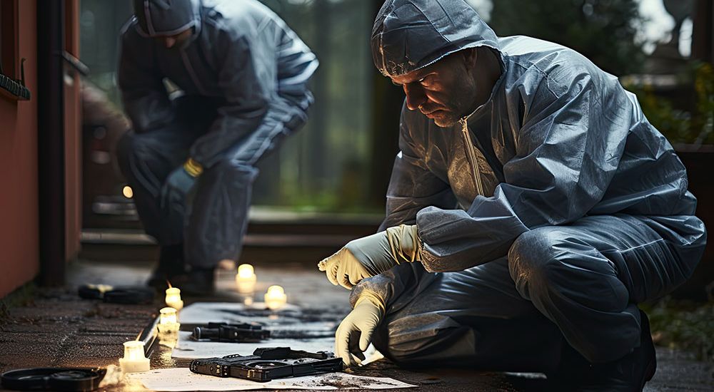 Two forensic investigators in protective suits examine evidence on the ground, including guns and lights, at an outdoor crime scene.