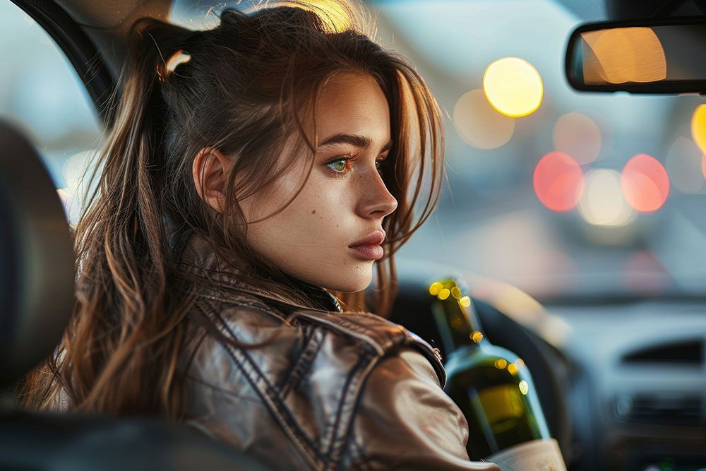A woman gazes outside a car window, with soft-focus city lights in the background, creating a contemplative evening scene.