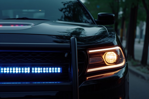 Front grill strobes of a police car during a traffic stop for driving under the influence of alcohol.